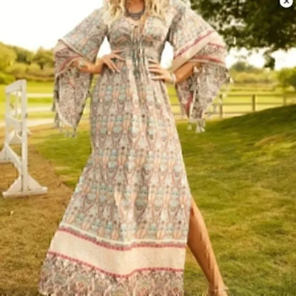 Bohemian Floral Print Woven Bell Sleeve Flounce Peasant Maxi Hippie Dress L - Picture 2 of 12